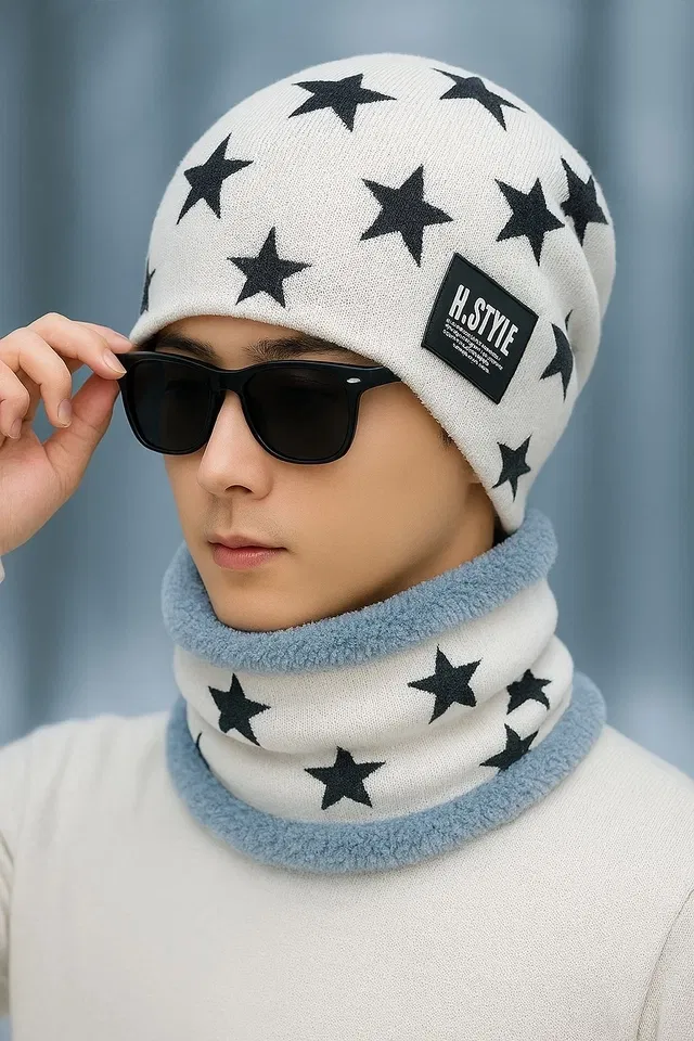 Woolen Fur Winter Cap with Neck Warmer for Men (White & Black, Free Size)