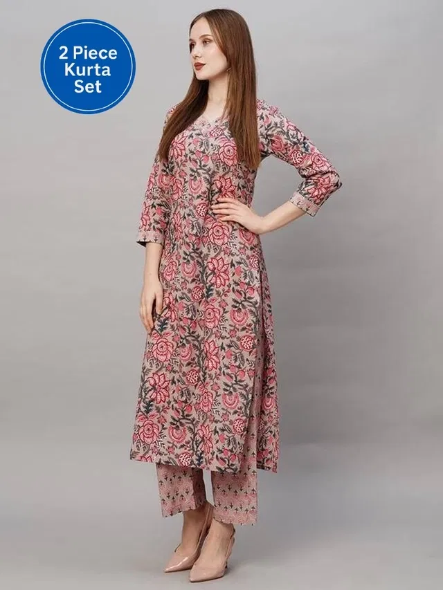 Cotton Blend Printed Women's Kurta with Pant Set (Multicolor, XL)