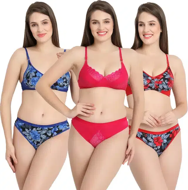 Cotton Blend Lingerie Set for Women (Multicolor, 34) (Set of 3)