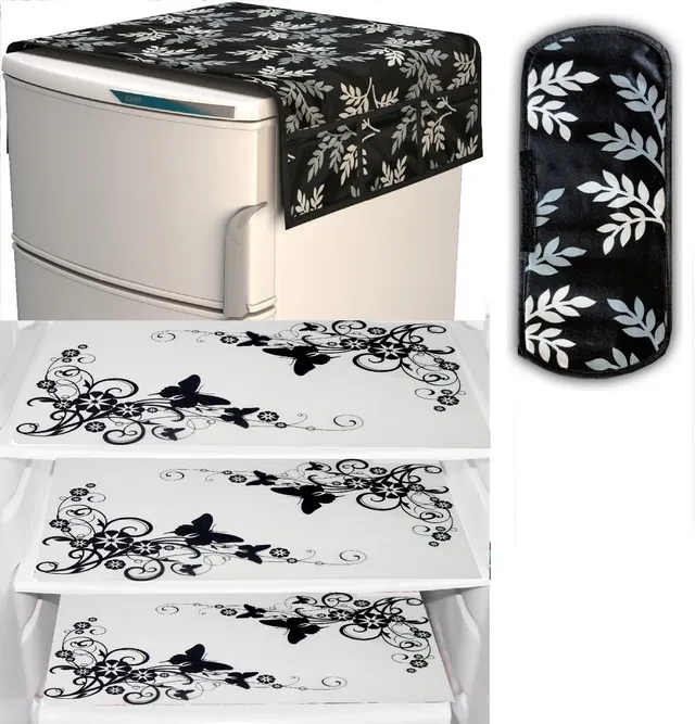 PVC Printed Fridge Top Cover with 3 Pcs Shelf Mats & Handle Cover (Multicolor, Set of 1)