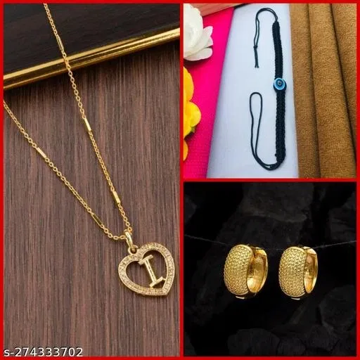 Combo of Pendant with Thread Bracelet & 1 Pair Earrings for Women (Multicolor, Set of 3)