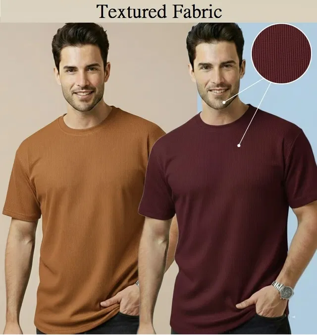 Polyester Round Neck T-shirt for Men, Multicolour, Pack of 2 (M)