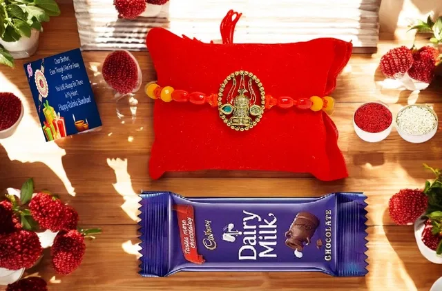 Metal Rakhi with Greeting card, Roli & Chocolate (Multicolor, Set of 1)