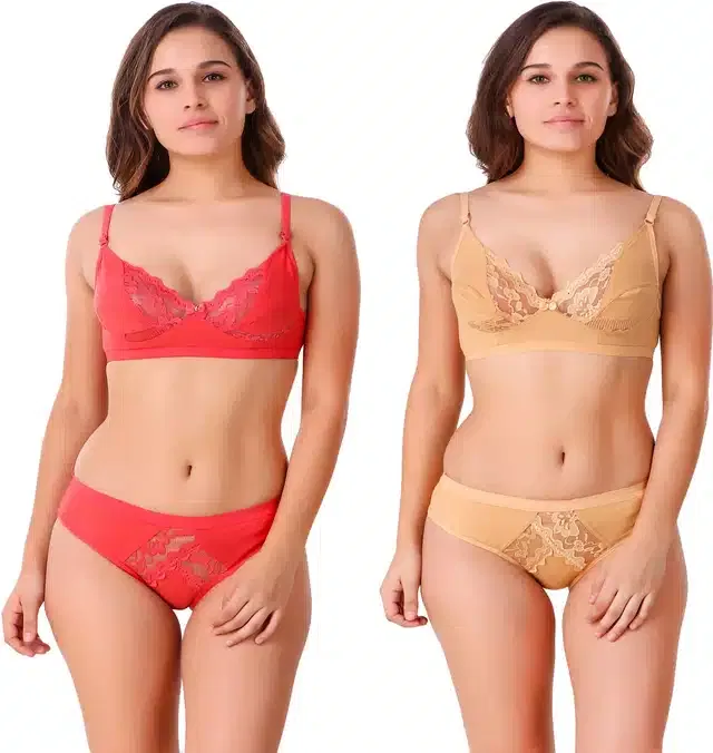 Cotton Blend Lingerie Set for Women (Pink & Beige, 32) (Set of 2)