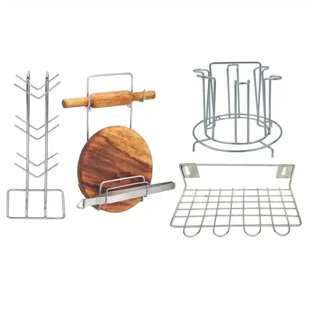 Stainless Steel Cup Stand & Glass Holder with Chakla Belan Stand & Utensil Holder (Set of 4, Silver)