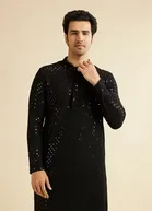 Cotton Blend Embroidered Kurta for Men (Black, S)