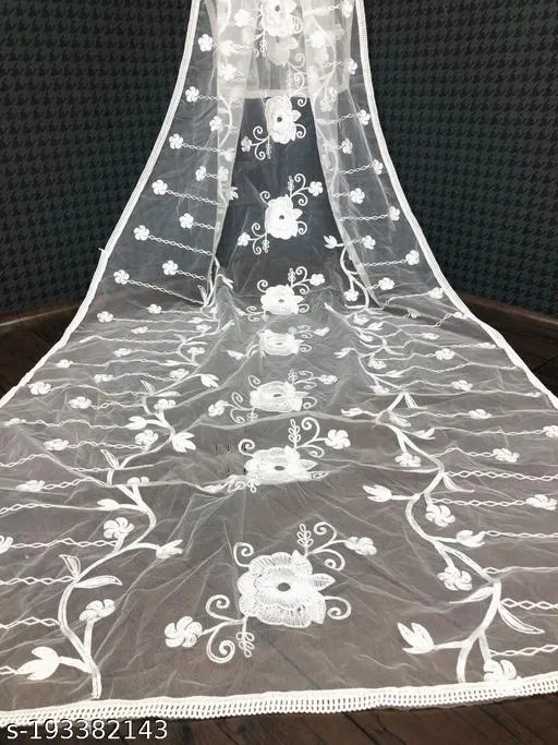 Botanical Embroidered Net Dupatta for Women (White, Free Size)