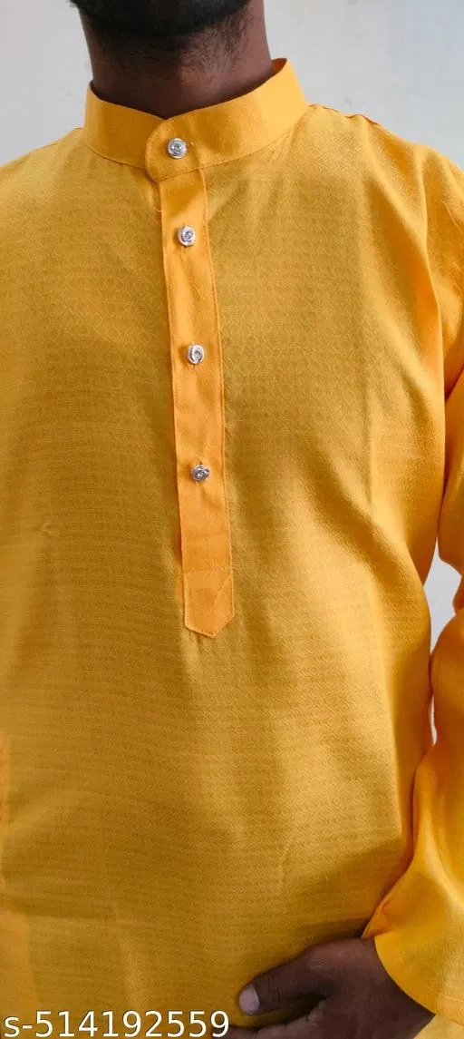 Cotton Solid Kurta for Men, Yellow (L)
