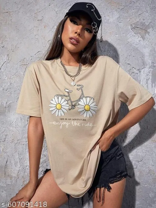Cotton Blend Printed T-shirt for Women, White (M)