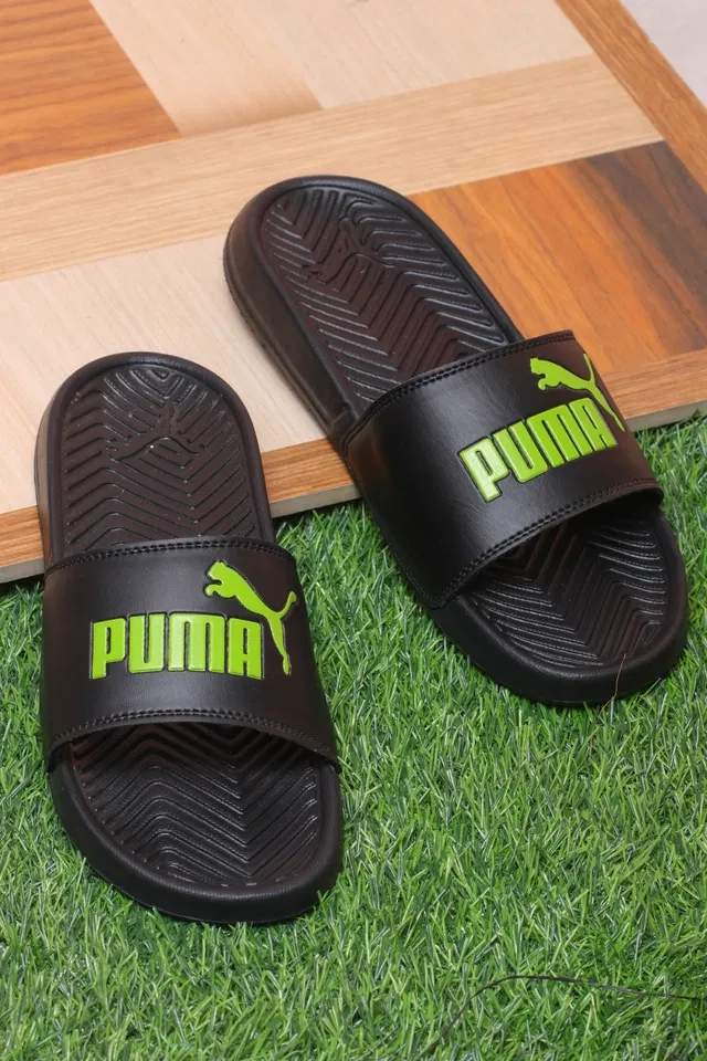 Puma Sliders for Men (Black & Green, 8)