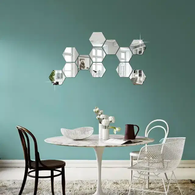 Acrylic Hexagon Shaped Wall Mirror Stickers (Silver, Pack of 12)