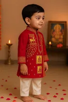 Cotton Printed Kurta with Payjama for Boys, Red & White 