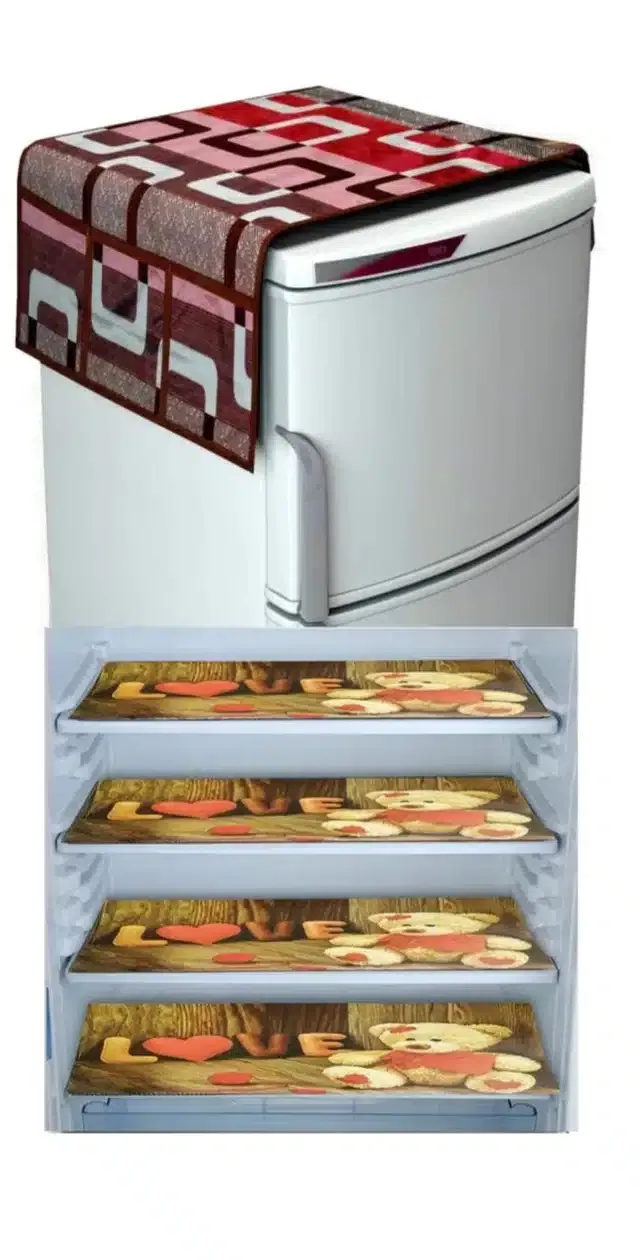 Knit Printed Fridge 4 Pcs Mat with Top Cover (Red, Set of 1)