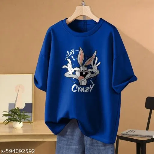 Cotton Blend Printed T-shirt for Women, Blue (L)
