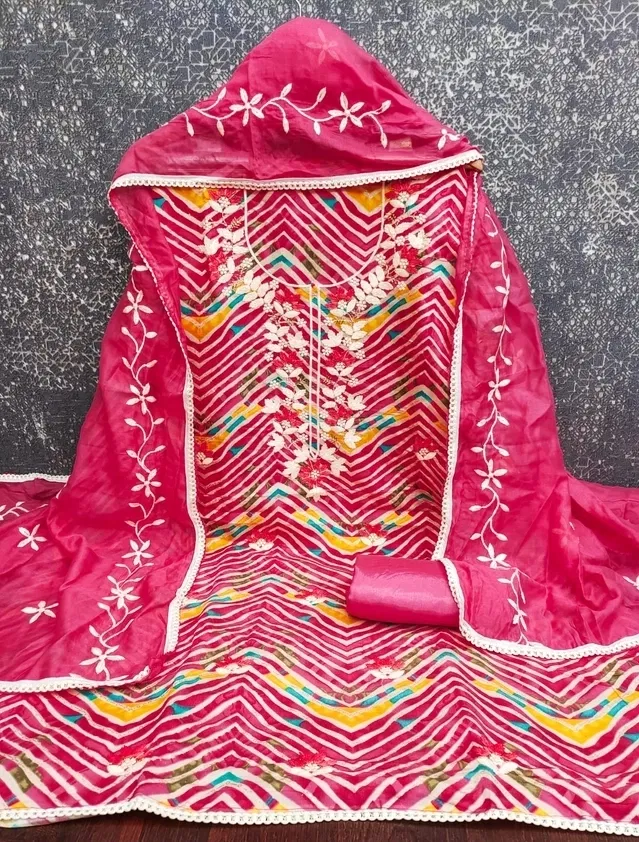 Chanderi Cotton Embroidered Unstitched Suit Fabric, Pink