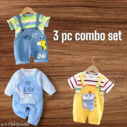 Hosiery Cotton & Denim Printed Clothing Set for Kids, Multicolor, Pack of 3 (9-12 Months)