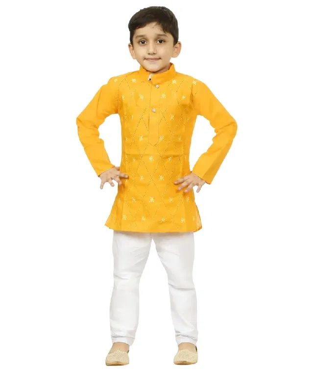 Cotton Embroidery Kurta & Pajama Set for Boys (Mustard & White, 1-2 Years)