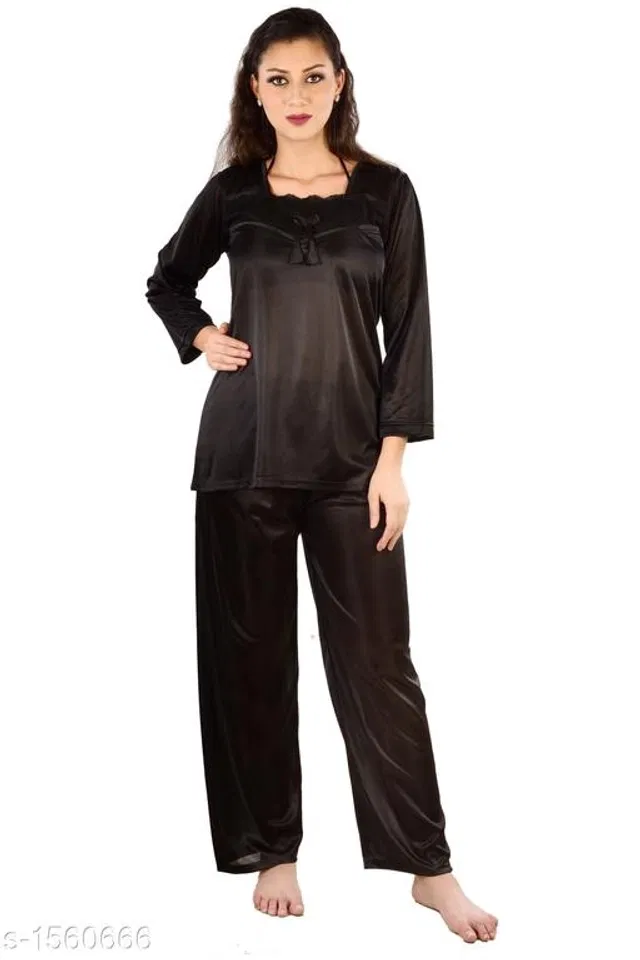 Satin Nightsuit Set for Women (Black, M)