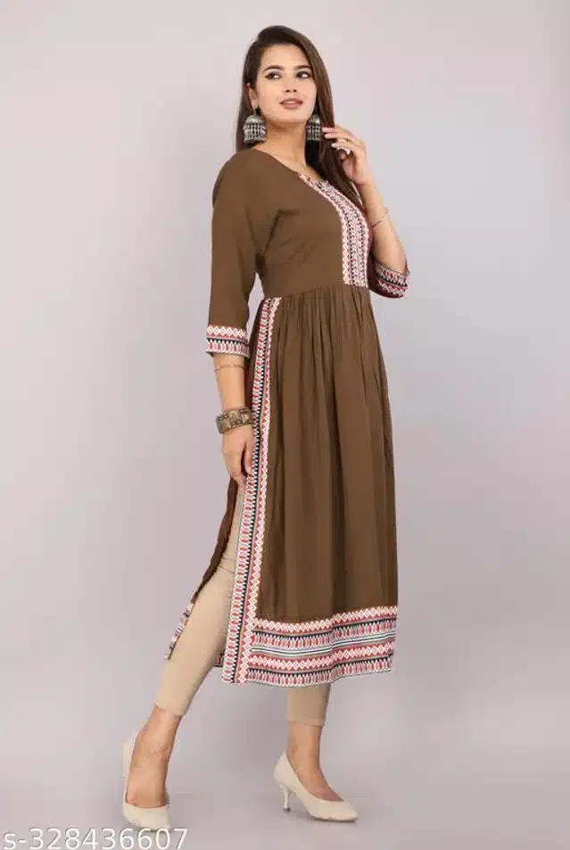 Rayon Embroidered Kurti for Women (Brown, XS)