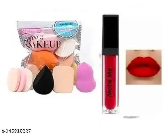 Combo of Matte Me Liquid Waterproof Lipstick with 6 Pcs Makeup Blenders (Multicolor, Set of 2)