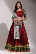 Art Silk Solid Semi Stitched Lehenga with Choli & Dupatta for Women (Maroon)