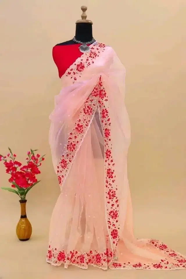 Organza Embroidered Saree for Women (Orange, 6.3 m)