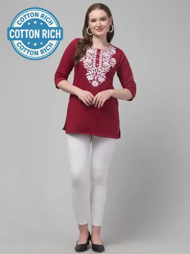 Cotton Embroidered Short Kurti for Women (Maroon, S)