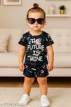 Hosiery Cotton Printed Clothing Set for Kids, Black 