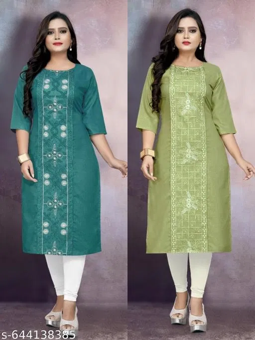 Floral Embroidered Cotton Blend Kurti for Women, Pack of 2 (Green, XXXL)
