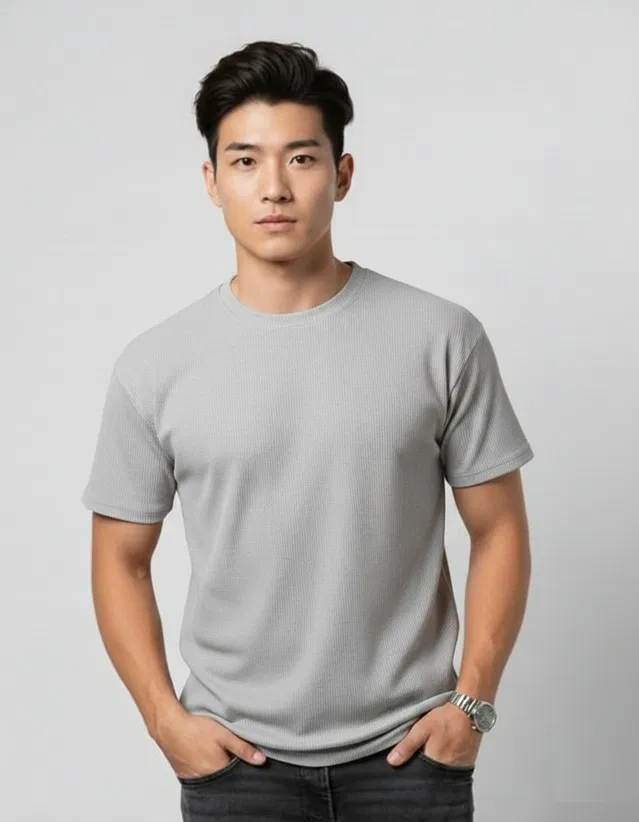 Polyester Round Neck T-shirt for Men, Grey (M)