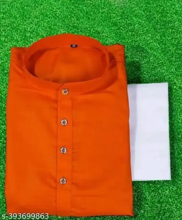Cotton Solid Kurta with Pyjama for Men (Orange & White, XL)
