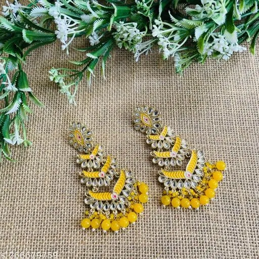 Beautiful Meenakari Long Earrings for Women (Yellow, Free Size)