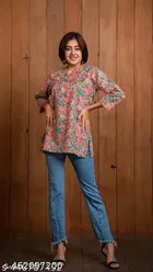 Cotton Printed Short Kurti for Women, Pink 