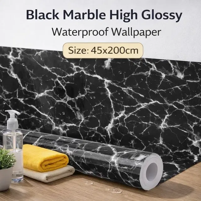 Black Marble High Glossy WaterProof , Stain Resistance Wallpaper (45*200 cm)