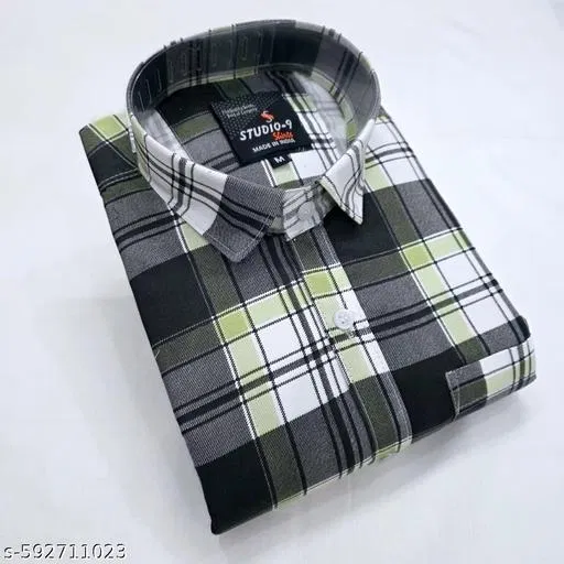 Cotton Blend Checkred Shirt for Men, Green (L)