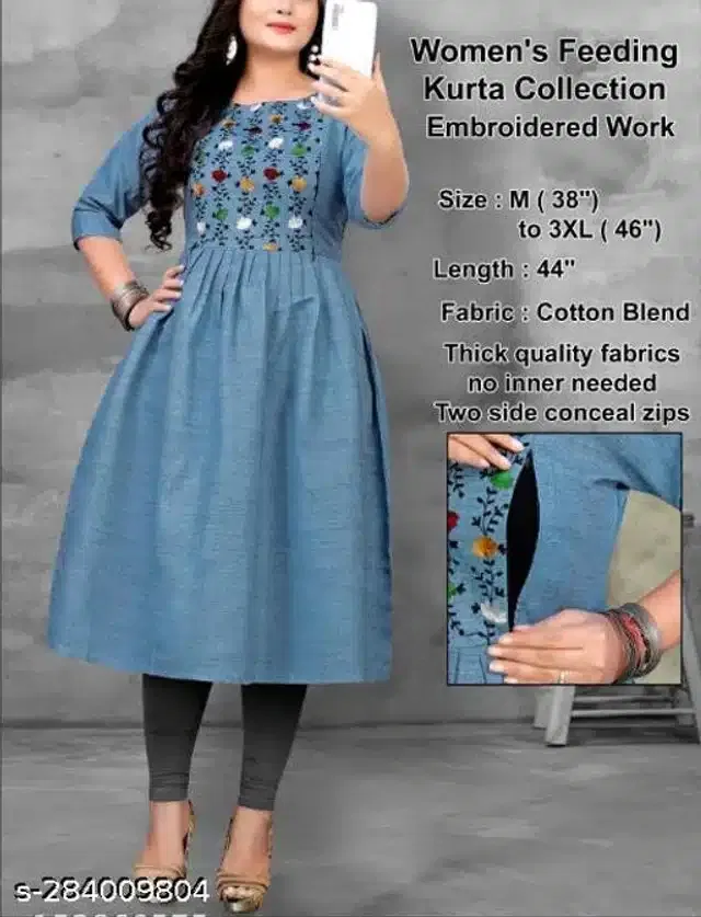 Cotton Embroidered Women Feeding Kurti for Women (Blue, L)