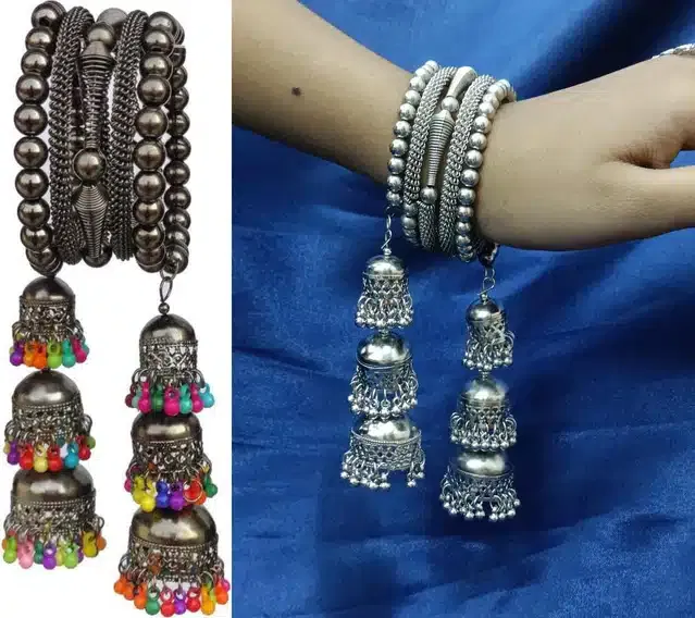 Alloy Oxidised Bracelet for Women & Girls (Black & Silver, Pack of 2)