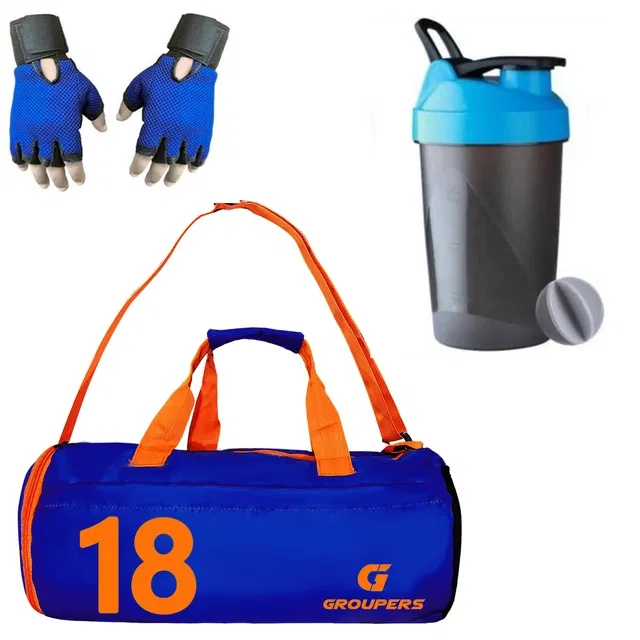 Polyester Printed Gym Bag with Gloves & Shaker Bottle (400 ml) for Men & Women (Multicolor, Set of 1)
