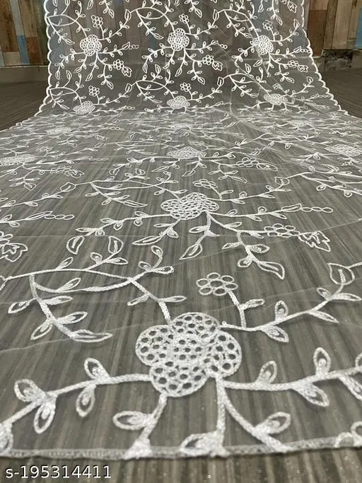 Floral Cut Work Embroidered Net Dupatta for Women (White, Free Size)