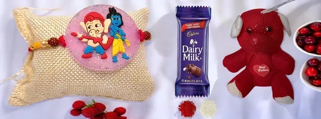 Synthetic Rakhi with Teddy Bear & Chocolate (Multicolor, Set of 1)