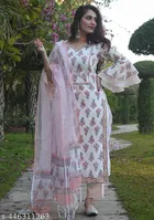 Floral Print Cotton Blend Kurti with Pant & Dupatta Set for Women 