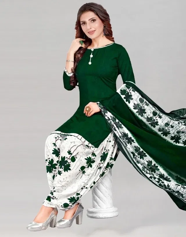 Crepe Printed Unstitched Suits Fabric for Women (Green & White)