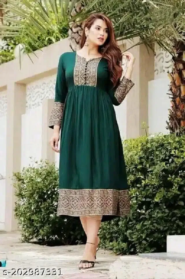 Viscose Rayon Printed Kurti for Women (Green, L)