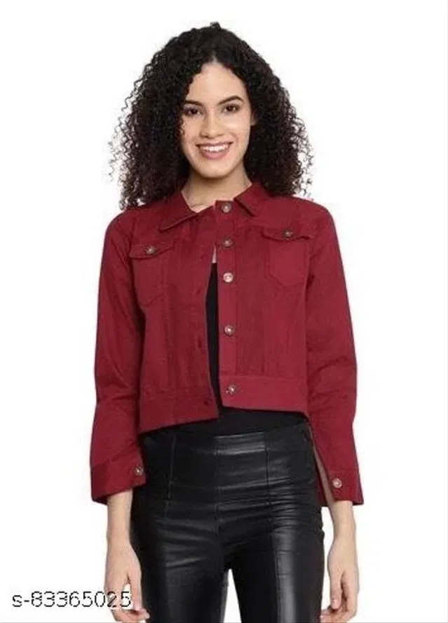 Denim Jacket for Women (Maroon, S)