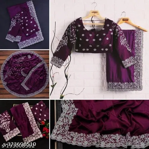 Silk Blend Solid Saree For Women, Purple