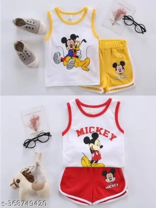 Hosiery Cotton Sleeveless T-Shirt with Pant Clothing Set for Kids (Multicolor, 0-1 Years) (Set of 2)