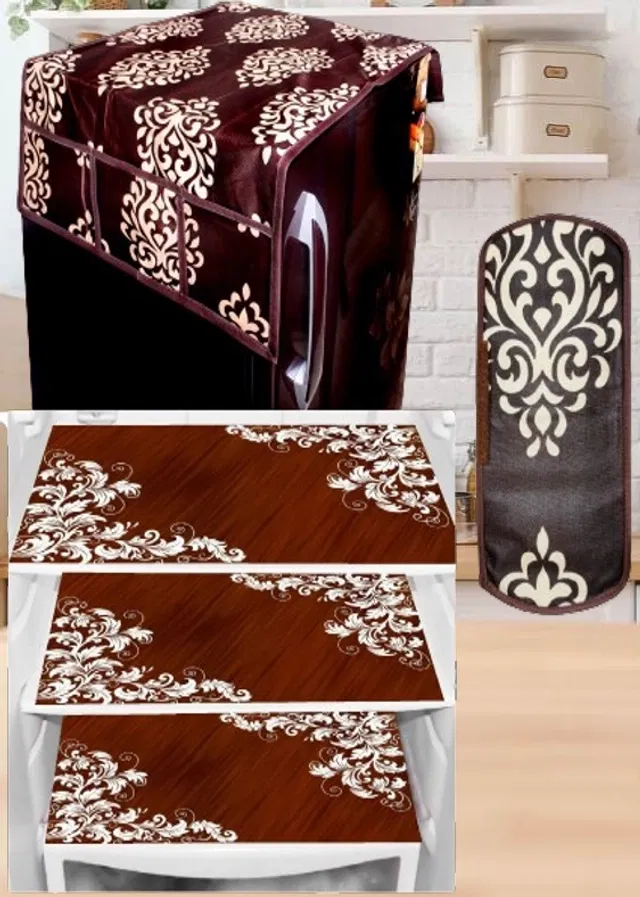 PVC Printed Fridge Top Cover with 3 Pcs Shelf Mats & Handle Cover (Multicolor, Set of 1)