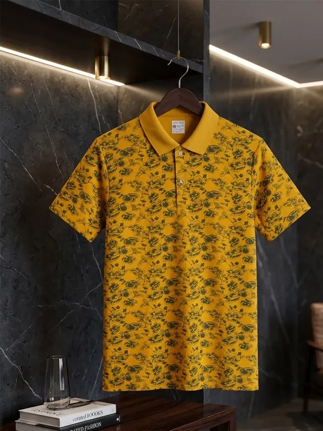 Printed Polo T-shirt for Men (Mustard, L)