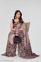 Georgette Printed Saree for Women, Brown 