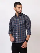 Cotton Blend Checkered Shirt for Men, Navy Blue 